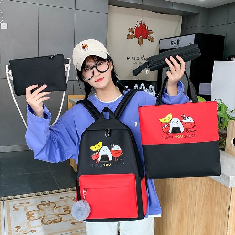 韩版休闲ins学生书包饭团卡通图案四件套背包白底实物图