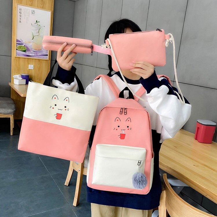韩版ins休闲学生书包卡通猫2图案四件套背包产品图