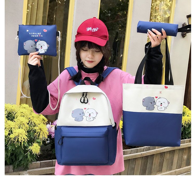 韩版ins休闲萌宠图案学生书包四件套多用背包白底实物图