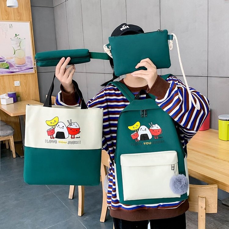 韩版休闲ins学生书包饭团卡通图案四件套背包细节图