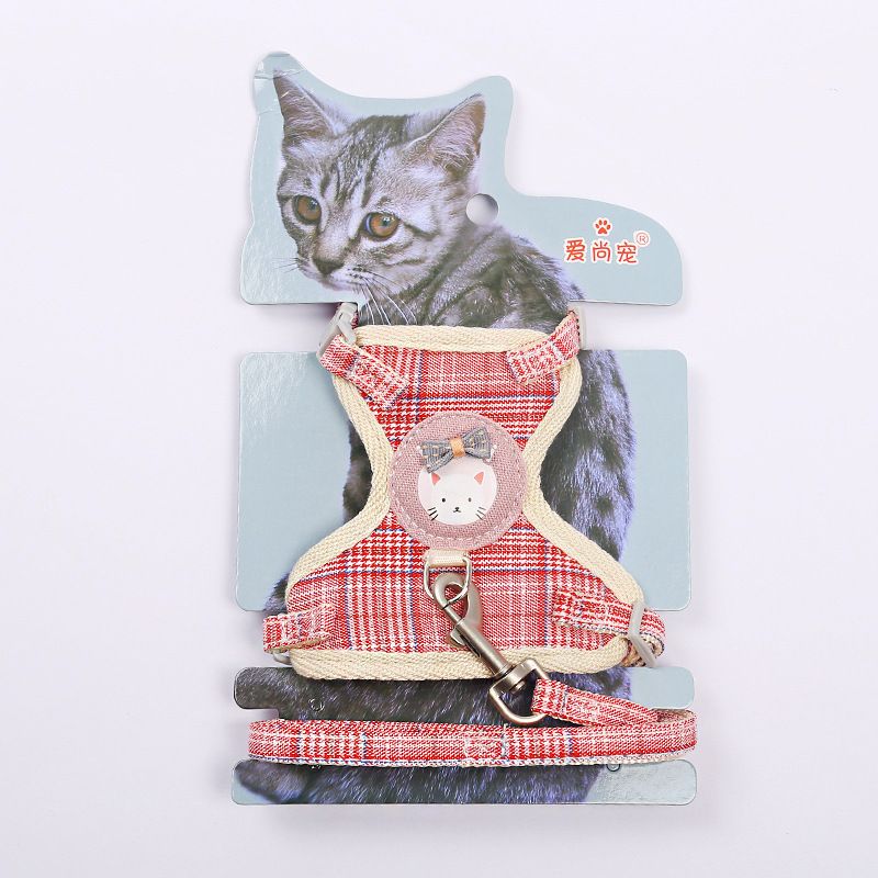 Direct-sale cartoon cute cat with I-shaped chest and back straps, durable pet leash, pure cotton webbing, large cat chain