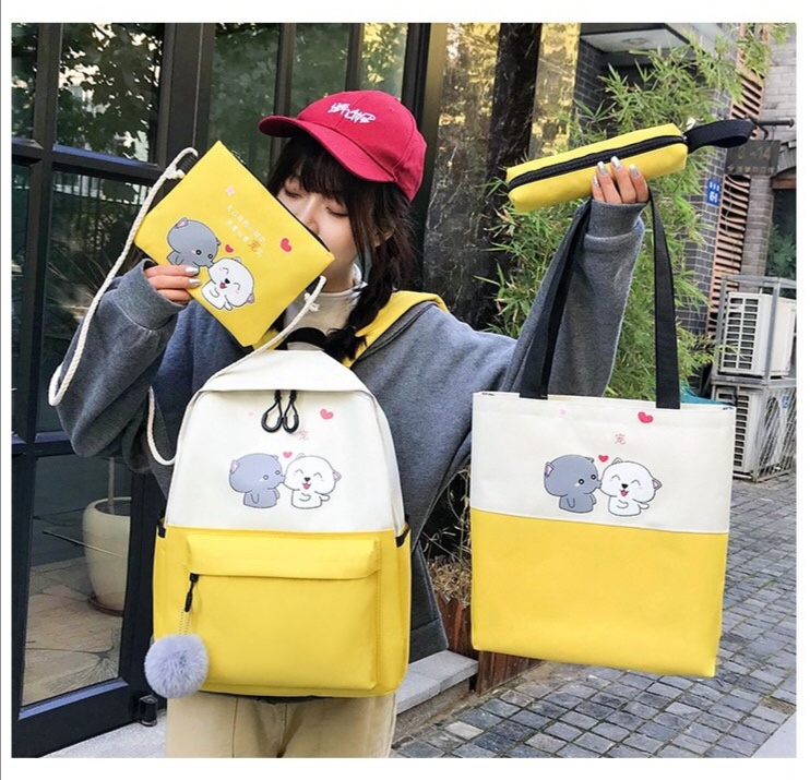韩版ins休闲萌宠图案学生书包四件套多用背包细节图