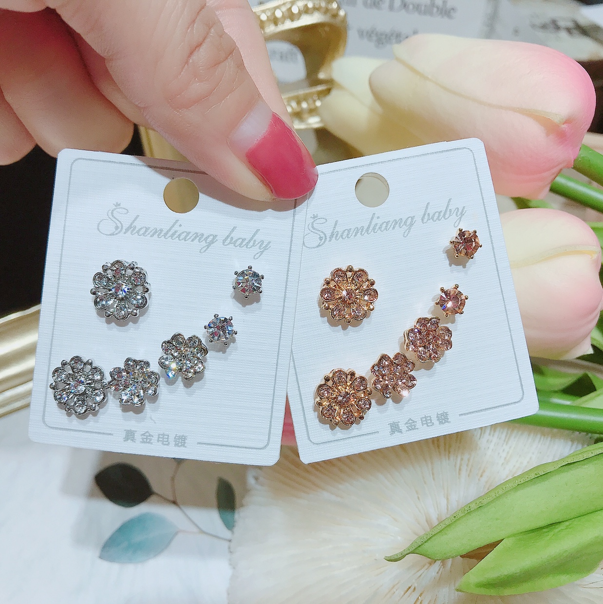 Rhinestone overflash multiple pairs of ear studs