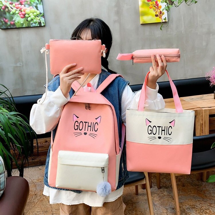 韩版休闲字母猫卡通图案学生书包四件套背包产品图