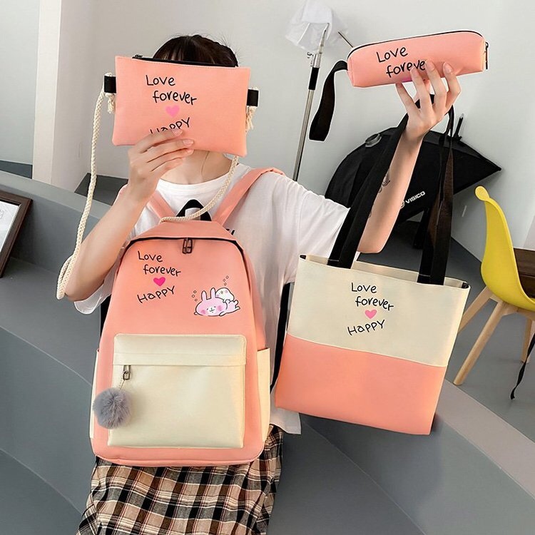 韩版ins卡通版学生书包四件套多用背包HAPPY图案白底实物图