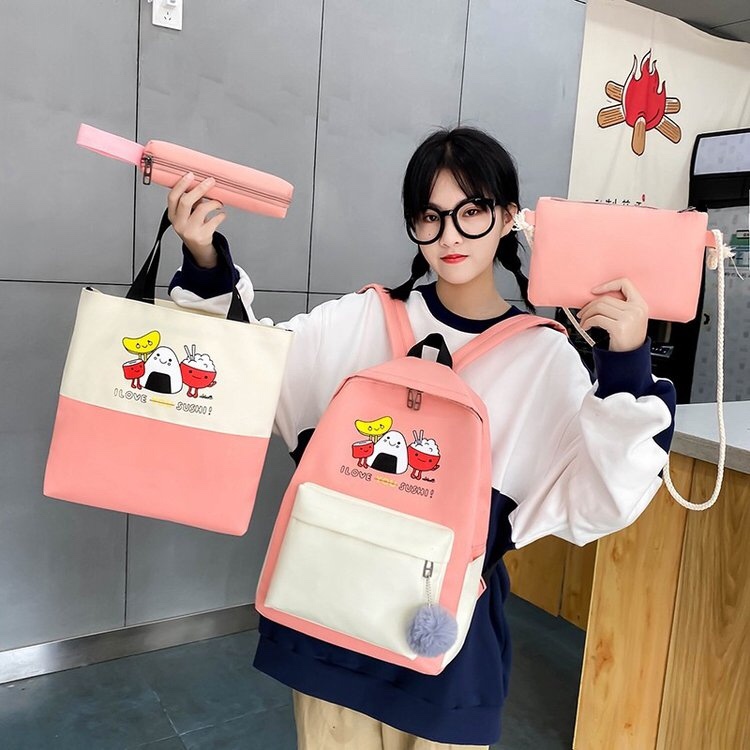 韩版休闲ins学生书包饭团卡通图案四件套背包产品图