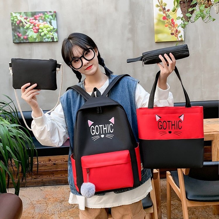 韩版休闲字母猫卡通图案学生书包四件套背包白底实物图