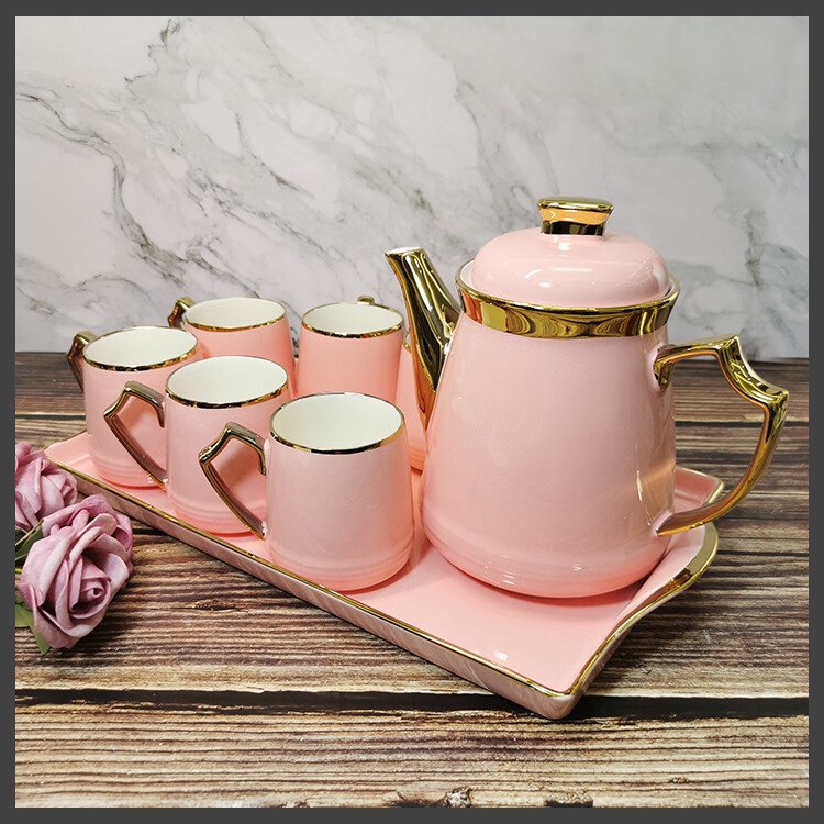 高档陶瓷镀金包金水具茶具6杯1壶1盘礼品日用百货细节图