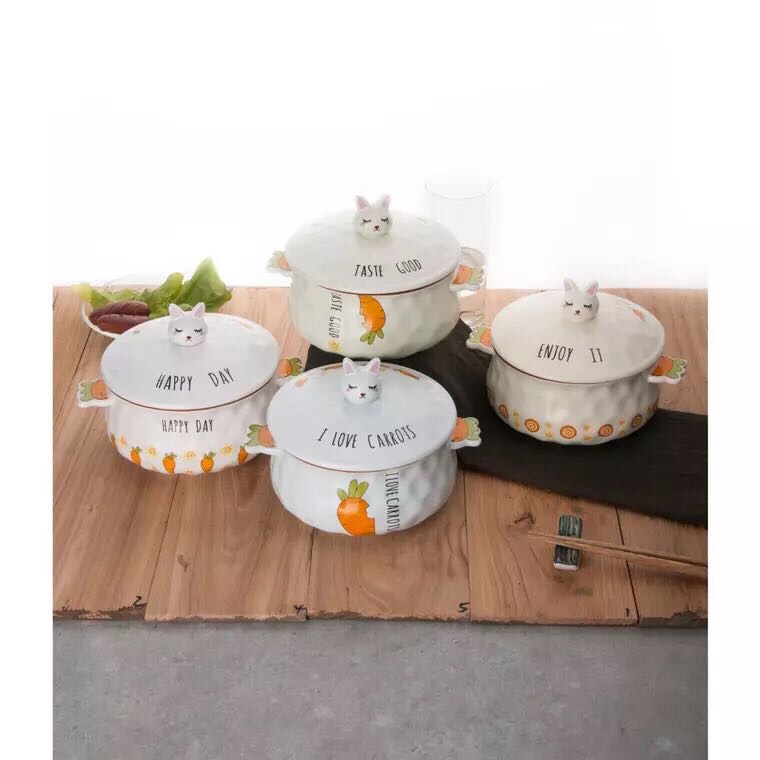 创意卡通小白兔陶瓷盖碗面碗胡萝卜双耳面碗泡面方便面碗