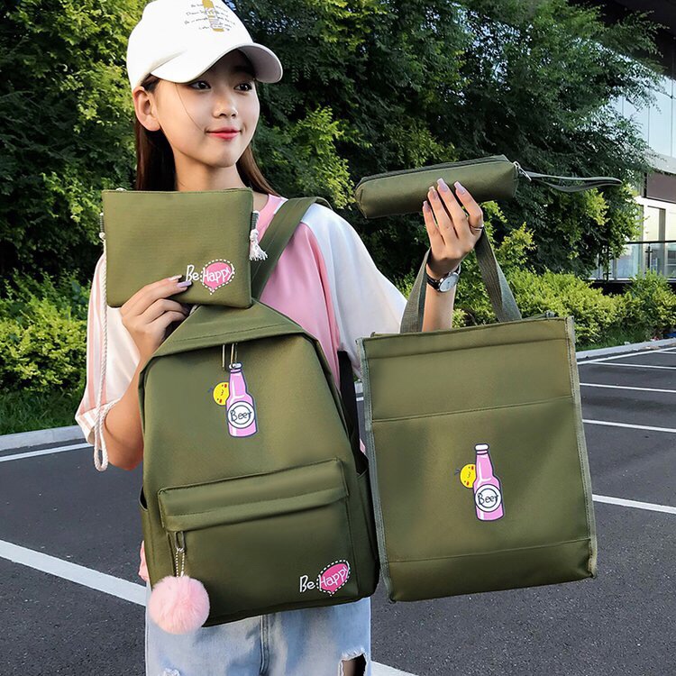 韩版休闲ins学院风学生书包四件套背包卡通瓶子图案详情图2