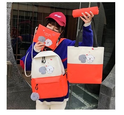 韩版ins休闲萌宠图案学生书包四件套多用背包产品图