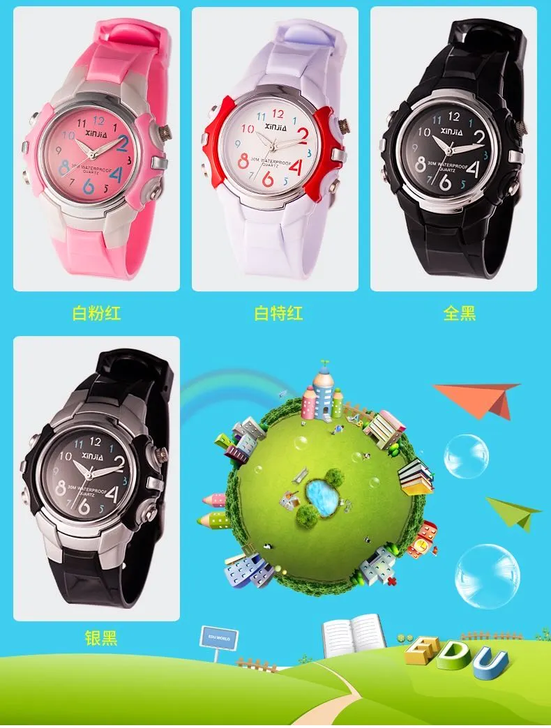 Xinjia waterproof children's watches, boys' and girls' swimming sports pointer watches, primary school students' watches, candy-colored quartz watches detail image 4