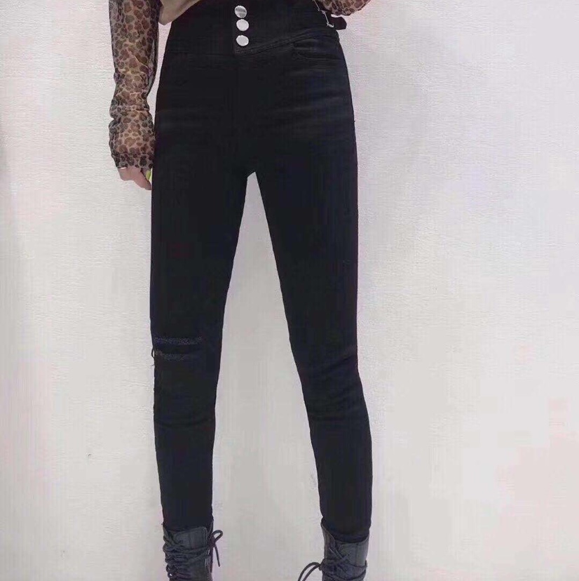 New brand embroidered letter three-button denim stretch pants