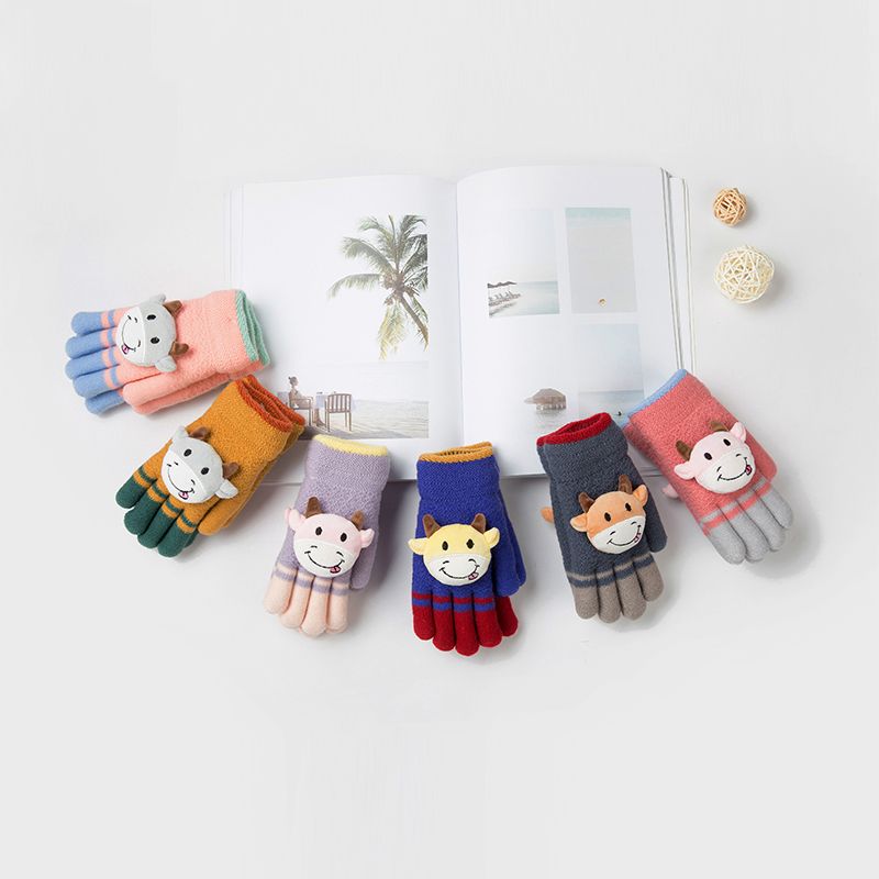 2019 new middle child winter cute cartoon cow knitting five fingers students with velvet and thick warm gloves thumbnail