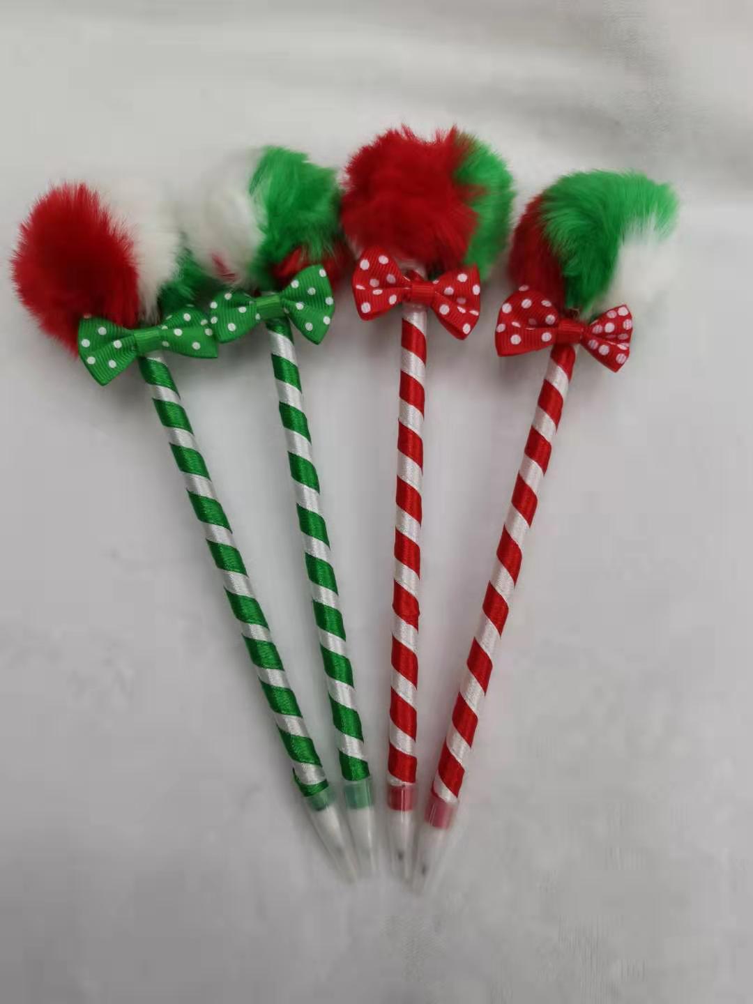 可笔秀文具办公文化圣诞儿童创意毛毛球可爱迷你彩色毛球蝴蝶结圣诞小奖品圆珠笔