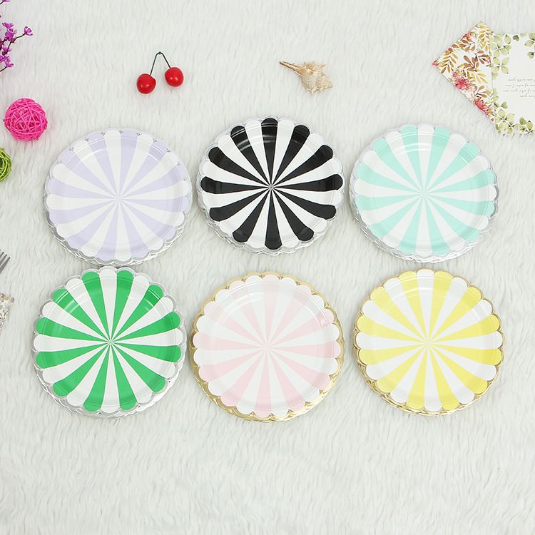 节日用品批发生日派对装扮 餐具套餐 一次性条纹烫银色边纸盘纸杯纸巾纸碟