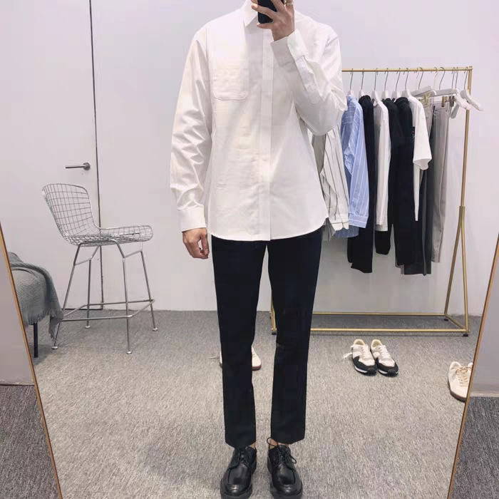 HIPMAN Korean men's wear Dongdaemun pure white cotton square collar clean style long-sleeved shirt for Spring 2020 Specification image