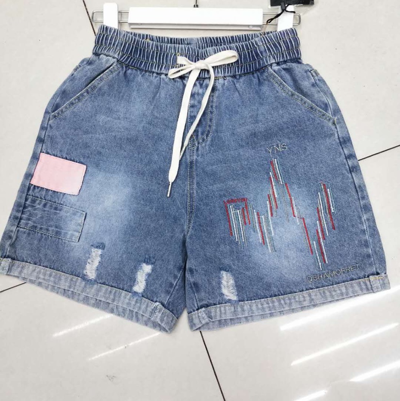 素缺夏季新款文艺做旧休闲百搭磨破刺绣松紧腰牛仔短裤女宽松大码产品图