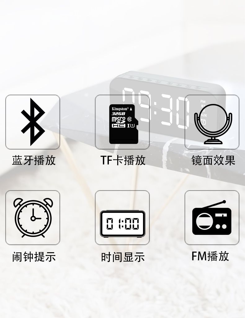 创意显示屏蓝牙音箱插卡U盘FM低音可调闹钟带镜面多功能蓝牙音响详情6