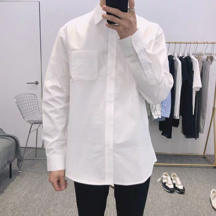 HIPMAN Korean men's wear Dongdaemun pure white cotton square collar clean style long-sleeved shirt for Spring 2020 details Picture