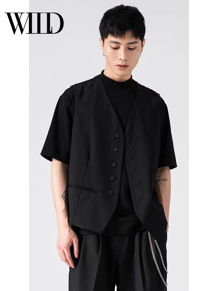 Black T-shirt men's trendy brand, with a unique and fashionable stand-up collar, is versatile and trendy. Ice Silk Modal summer wear, loose and thin short-sleeved details Picture