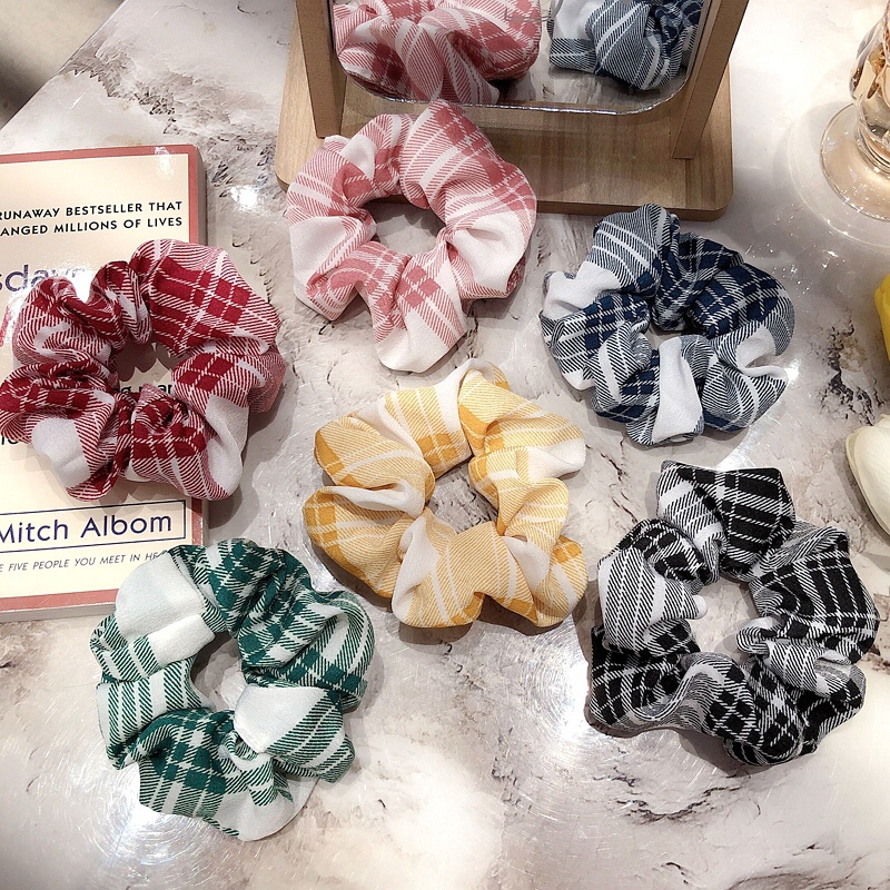 Super ethereal, simple and cute, colorful checkered hair tie, Korean Internet celebrity cute large intestine hair band, fresh and clean rubber band female hair tie details Picture