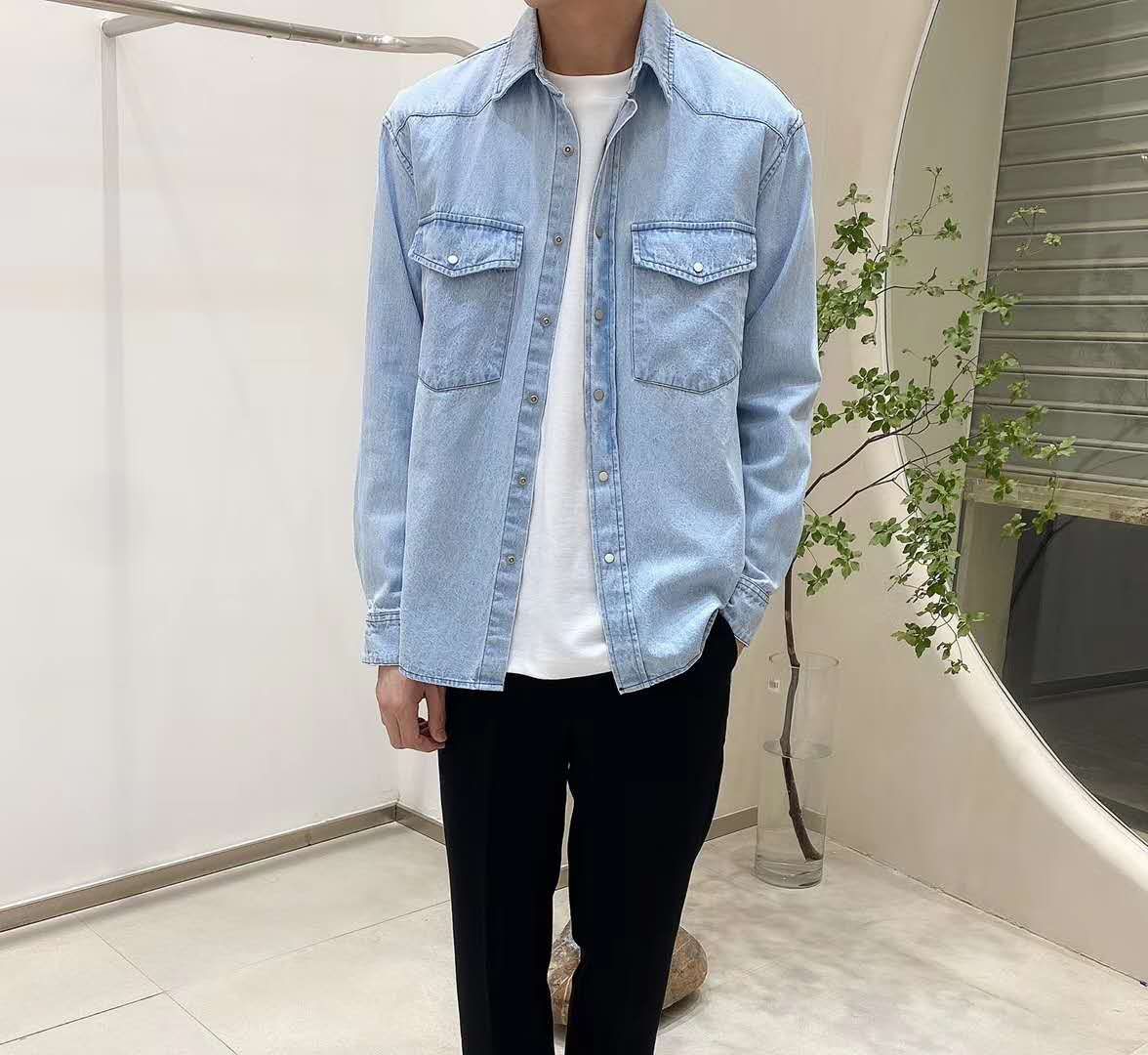 Taiwan genuine product agency purchase NAVY washed double-pocket long-sleeved denim shirts, trendy retro men's denim shirts