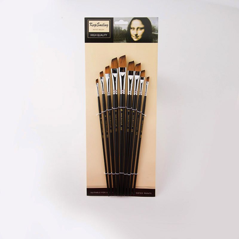 Single card 9 oblique nylon wool long rod watercolor brushes set of high-quality wood rod oil brushes wholesale thumbnail