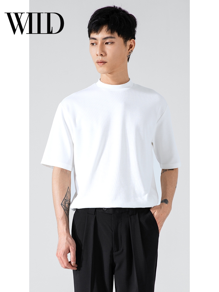 Black T-shirt men's trendy brand, with a unique and fashionable stand-up collar, is versatile and trendy. Ice Silk Modal summer wear, loose and thin short-sleeved Specification image