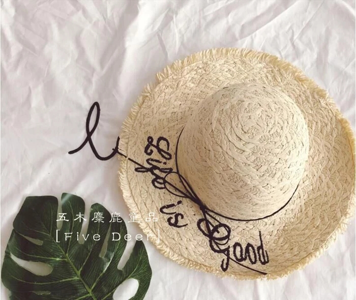 Straw Hat With Embroidered Lettering
