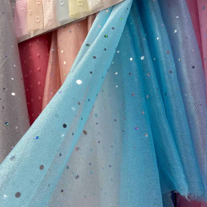 Blue sequined beauty gauze fabric, four colors available for selection, decorative items, handicrafts, clothing accessories, fabric, headwear, and gauze scarves Specification image
