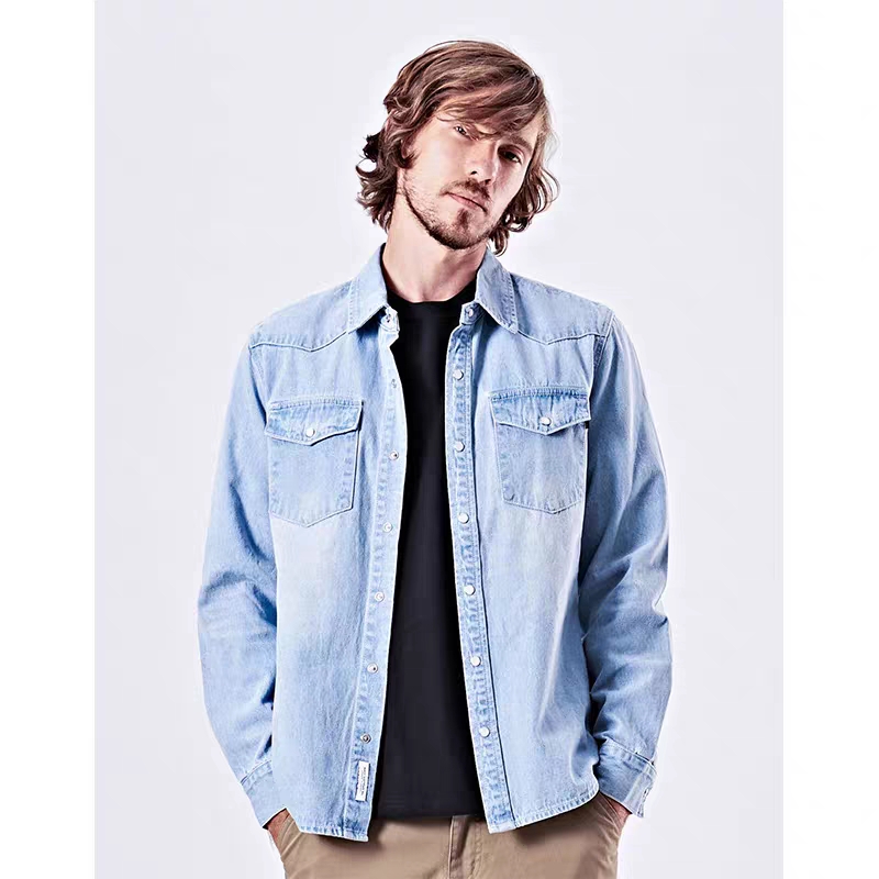 Taiwan genuine product agency purchase NAVY washed double-pocket long-sleeved denim shirts, trendy retro men's denim shirts Specification image