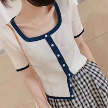 韩系2020年夏季新款气质方领小排扣针织开衫女套头洋气短款上衣