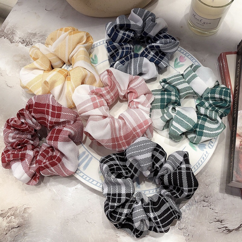 Super ethereal, simple and cute, colorful checkered hair tie, Korean Internet celebrity cute large intestine hair band, fresh and clean rubber band female hair tie Specification image