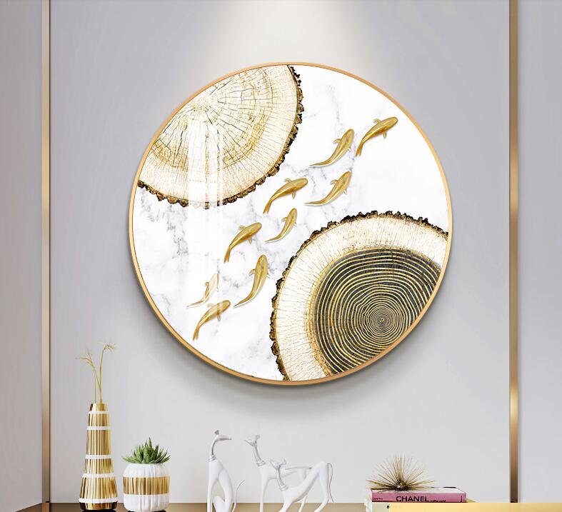 轻奢晶瓷镶钻玄关装饰画九鱼图圆形北欧餐厅画墙面画现代饭厅挂画详情图2