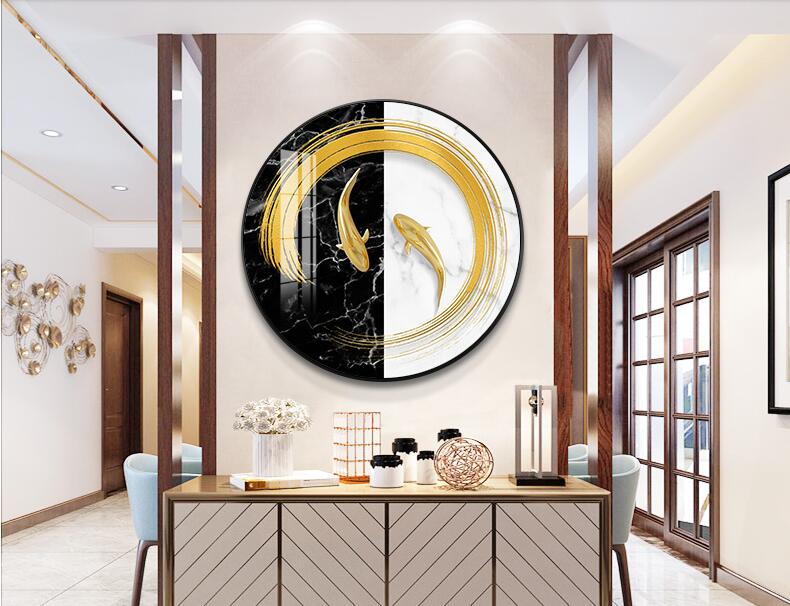 轻奢晶瓷镶钻玄关装饰画九鱼图圆形北欧餐厅画墙面画现代饭厅挂画详情图5
