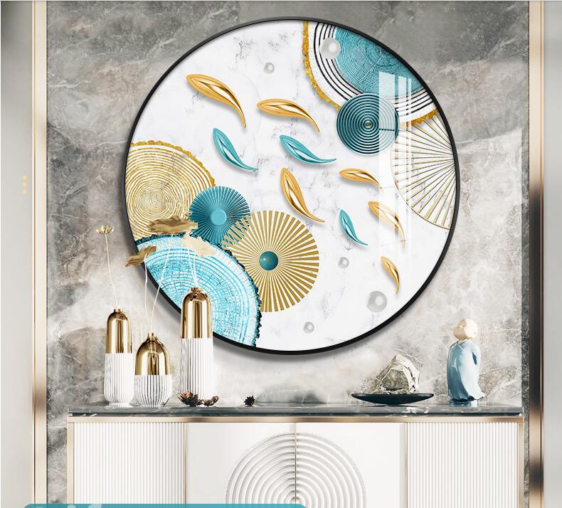 轻奢晶瓷镶钻玄关装饰画九鱼图圆形北欧餐厅画墙面画现代饭厅挂画