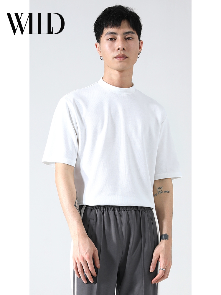 Black T-shirt men's trendy brand, with a unique and fashionable stand-up collar, is versatile and trendy. Ice Silk Modal summer wear, loose and thin short-sleeved Application Scenario