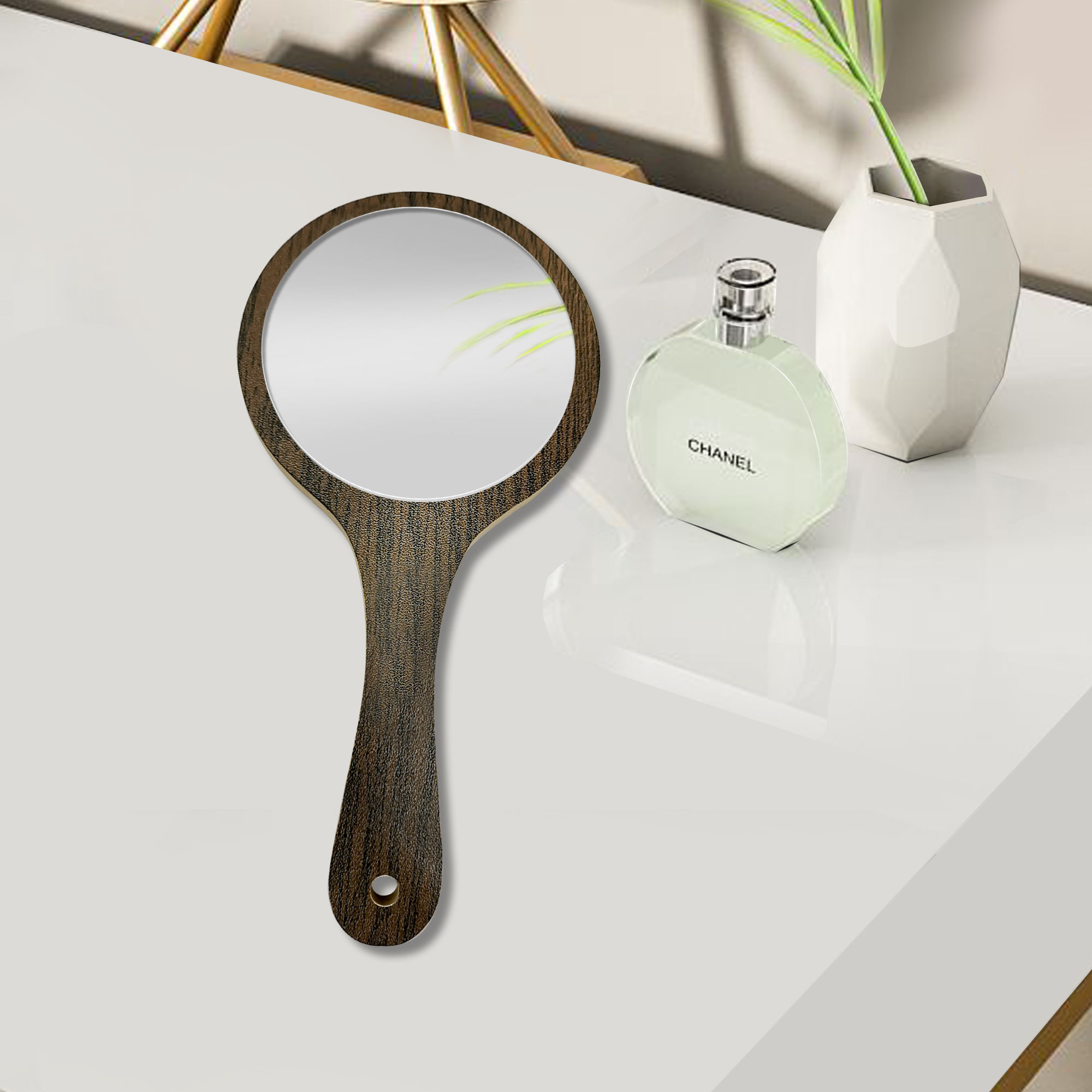 手柄便携化妆镜子口气高清放大美容院梳妆双面木质小镜子产品图