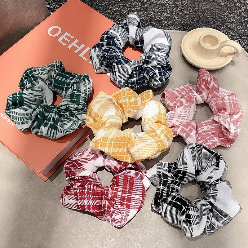 Super ethereal, simple and cute, colorful checkered hair tie, Korean Internet celebrity cute large intestine hair band, fresh and clean rubber band female hair tie