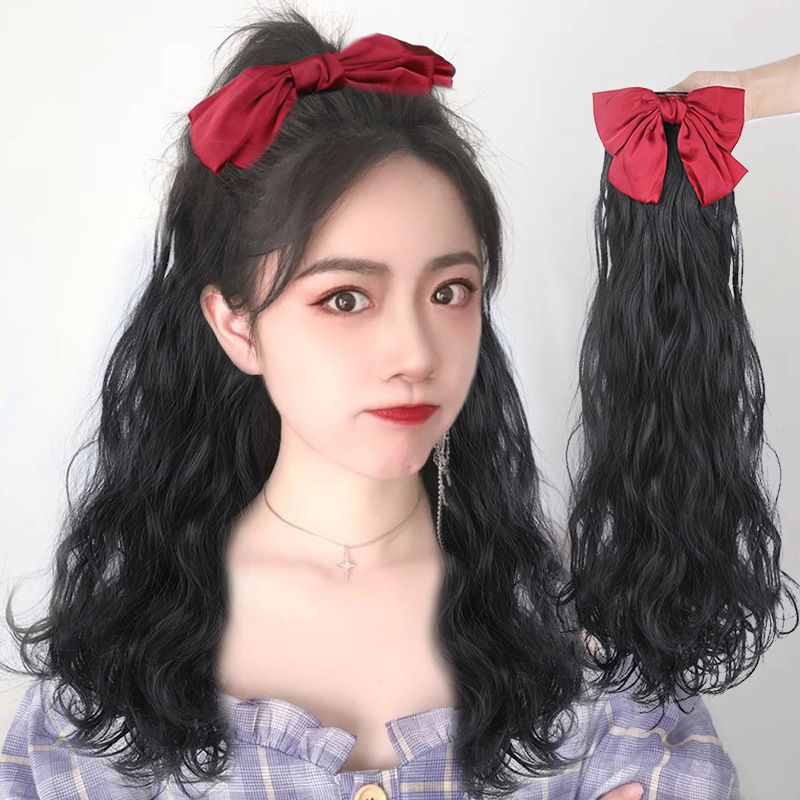 新款假发 女红色蝴蝶结绑带式长发 水波纹假马尾