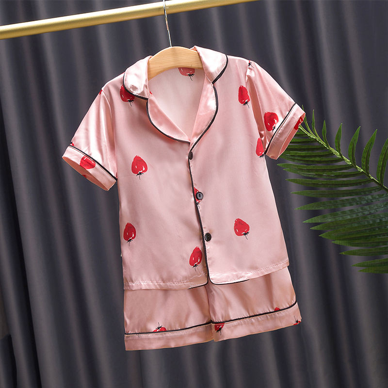 Strawberry-printed silk children's pajamas set