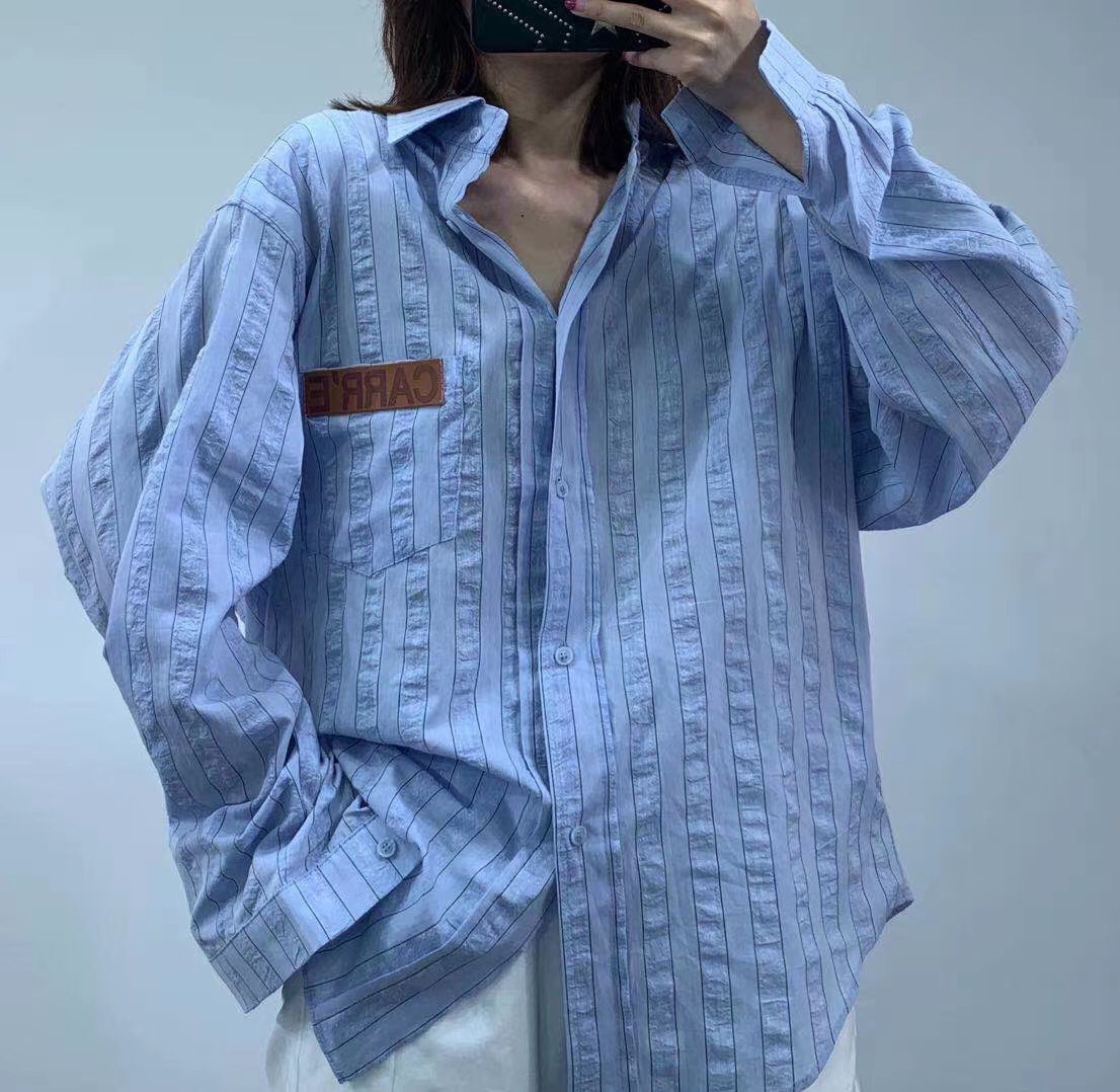 网红浅蓝条纹衬衫