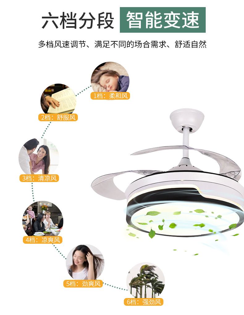现代简约智能风扇灯 42寸马卡龙隐形风扇灯 家用卧室餐厅电吊扇灯详情图4