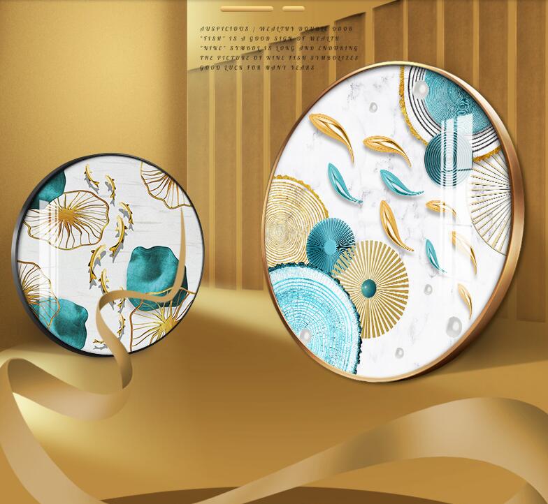 轻奢晶瓷镶钻玄关装饰画九鱼图圆形北欧餐厅画墙面画现代饭厅挂画详情图1