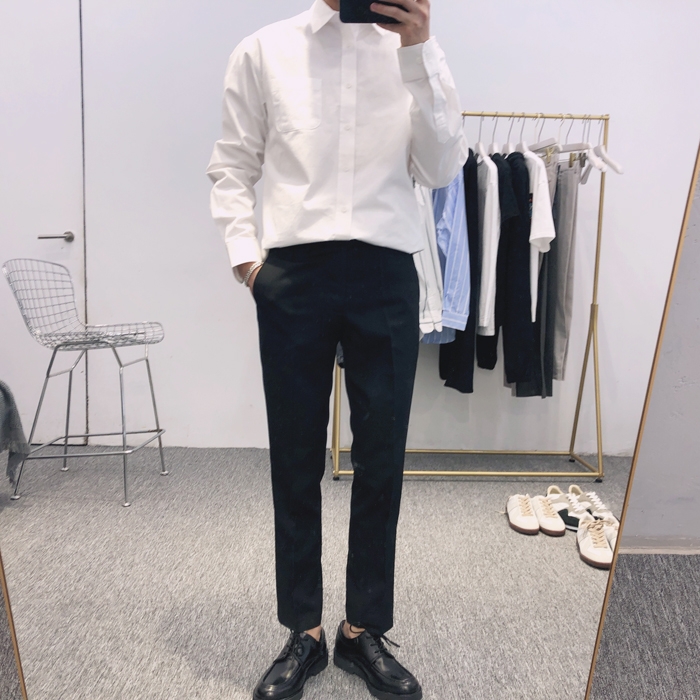 HIPMAN Korean men's wear Dongdaemun pure white cotton square collar clean style long-sleeved shirt for Spring 2020 Application Scenario