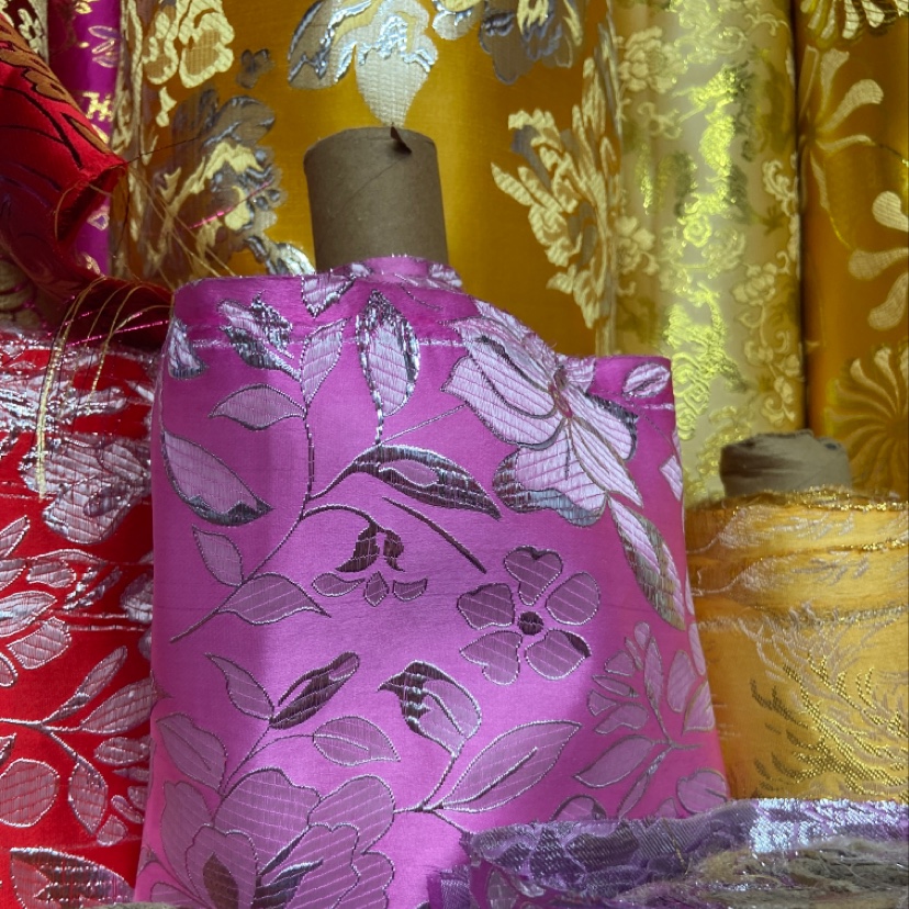 Pink Silver Border Embroidered Fine Leather Brocade Fabric Craft Decoration Gift Packaging Cloth Dress Cheongsam