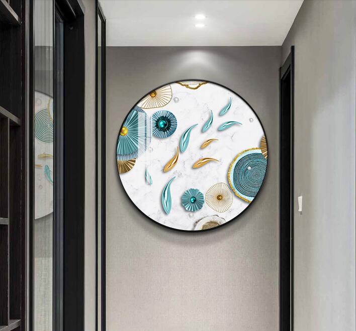 轻奢晶瓷镶钻玄关装饰画九鱼图圆形北欧餐厅画墙面画现代饭厅挂画细节图