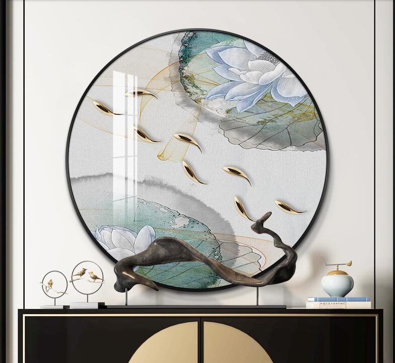 轻奢晶瓷镶钻玄关装饰画九鱼图圆形北欧餐厅画墙面画现代饭厅挂画详情图3