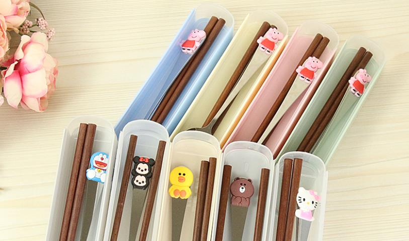 Cutlery Children's box Cutlery Portable set Cute push-pull chopsticks Wooden stainless steel student spoon full figure